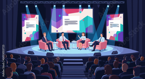 Fotografija Panel discussion and presentation on stage in a conference hall, a vector illust