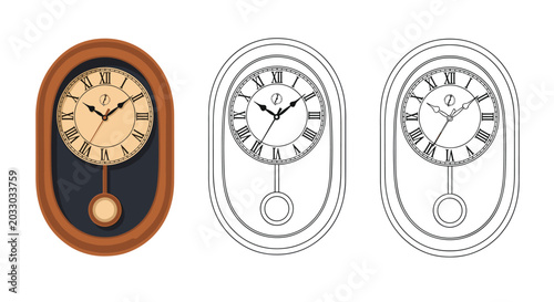 Elegant wooden wall clock with a swinging pendulum is presented in a full color version alongside black outline and line art styles.