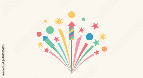 Festive colorful fireworks display with rockets stars and vibrant celebratory bursts against a soft neutral background.