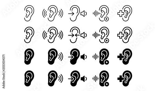 Fotografía Ear hearing icon set in line glyph outline and filled styles with human organ ve