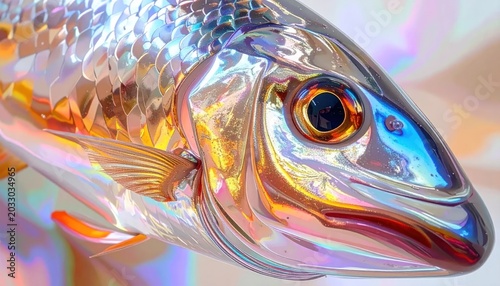 Close-up of a Shimmering Fish with Iridescent Scales Reflecting Light.