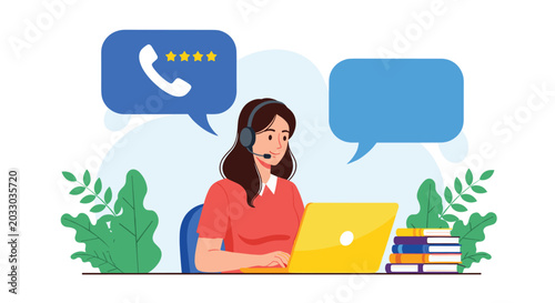 Online customer support and call center service concept featuring woman wearing headset while working on laptop with chat icons.