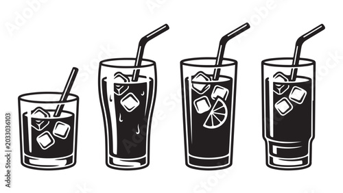Assorted Iced Drinks in Glasses with Straws Graphic Set