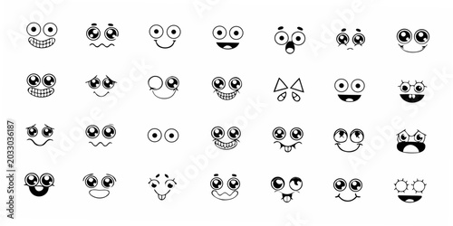 Quadro em tela cartoon facial expressions a set of black and white line art