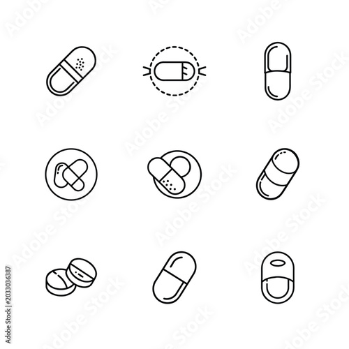 Round Medical Capsule Icon Set, Minimal Capsule Medicine Icons, Healthcare Capsule Symbol Bundle, Pharmaceutical Capsule Icons Pack, Flat Medical Pill Icon Collection