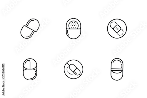 Round Medical Capsule Icon Set, Minimal Capsule Medicine Icons, Healthcare Capsule Symbol Bundle, Pharmaceutical Capsule Icons Pack, Flat Medical Pill Icon Collection