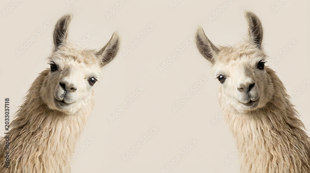 Fototapeta premium Two fluffy llamas with curious expressions tilt their heads towards the camera against a plain, light-colored background.