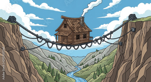 Schilderij op canvas Rustic wooden cabin perched precariously on a rope bridge spanning a deep canyon