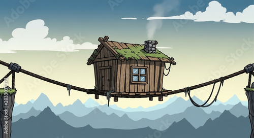 Foto Rustic wooden cabin perched precariously on a rope bridge.