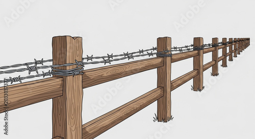 Foto Rustic wooden fence with barbed wire on posts.