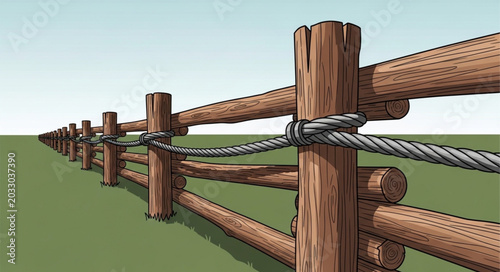 Fotografija Rustic wooden fence with metal wire detail stretching into the distance