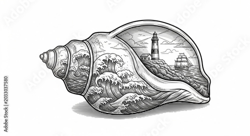 Foto Seashell with Lighthouse Scene Inside Detailed Illustration.