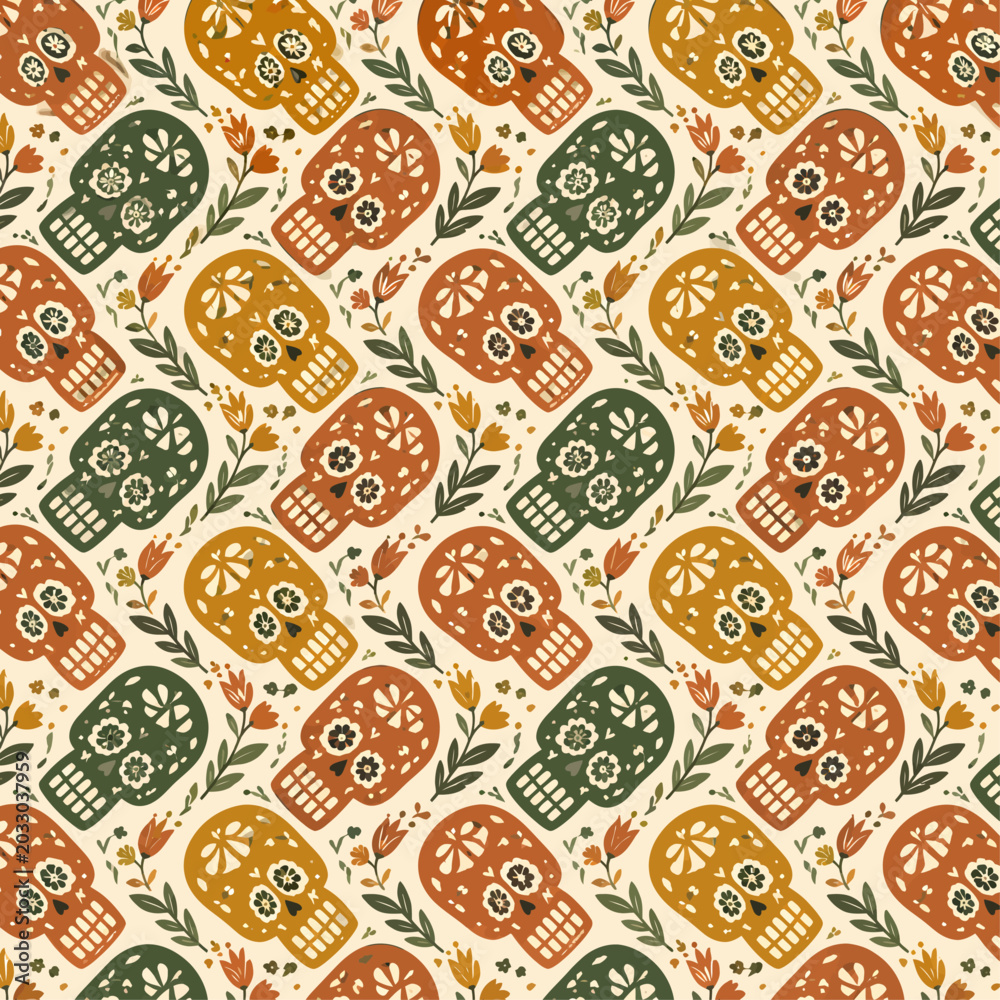 Naklejka premium Seamless folk art pattern featuring colorful sugar skulls, flowers, and leafy botanical motifs on a warm cream background, ideal for Halloween, Day of the Dead, textile, and wrapping paper designs.