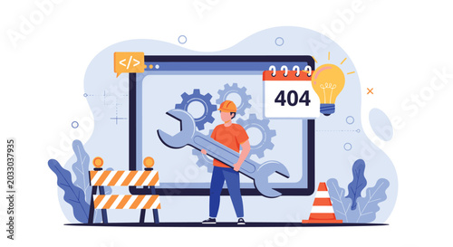 Maintenance worker holding a giant wrench in front of a website error page indicating a 404 page not found technical issue.