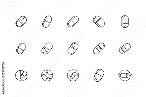 set of vector icons of different shapes medicine, round medical capsul icon bundle, capsul of medicine, outline tablet of medicine