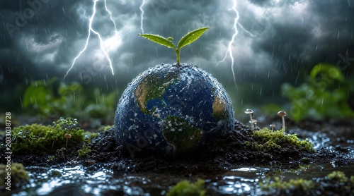 Globe with a green sprout on top in rainy stormy weather