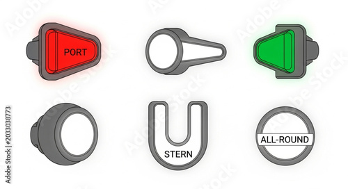Photos Set of six nautical ship helm control buttons and levers.