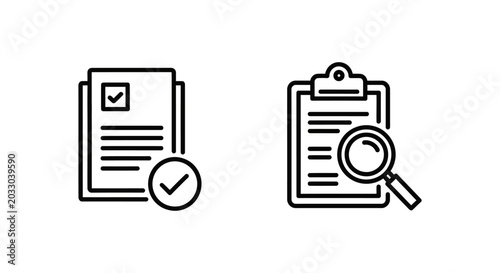 Claim audit icon with checkmark on document and audit check icon with magnifying glass document checkmark magnifying clipboard inspection verification analysis confirmation approval