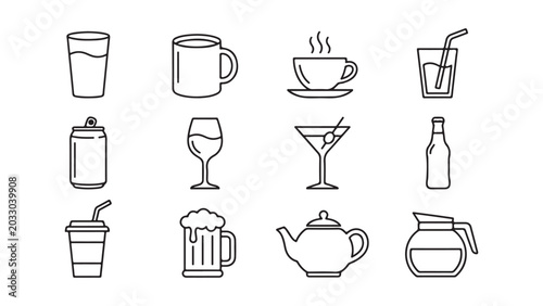 Simple Line Art Drink Icons for Cafe and Restaurant Menus