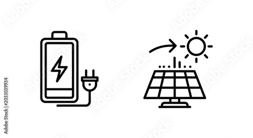 Battery and power management icon with plug and solar array tracker icon management electricity renewable technology illustration background alternative generation optimization