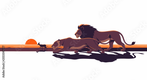Silhouette of lions and gazelle at sunset on the savanna