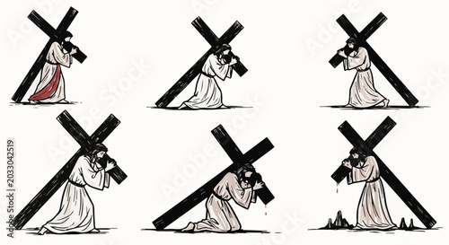 Religious figures struggle to carry heavy wooden crosses in six artistic depictions