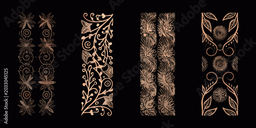 Floral ornament collection art nouveau style on black background