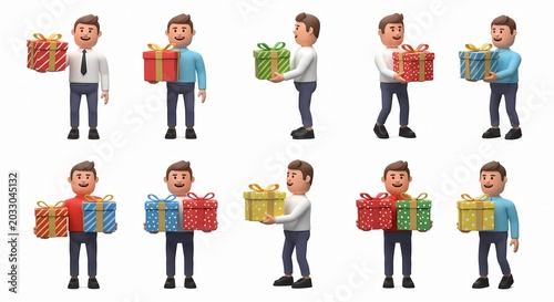 Collection of 3D cartoon men holding colorful gift boxes in various poses
