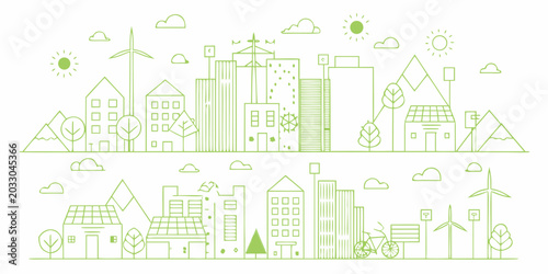 Schilderij op canvas Green cityscape linear illustration with wind turbines and sun icons