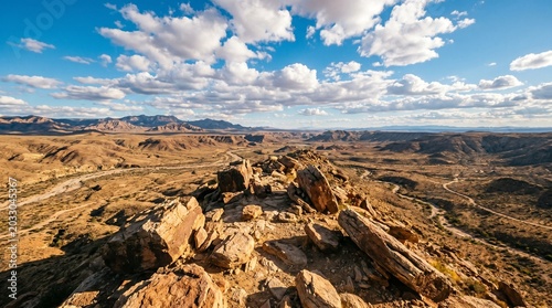 Tablou pe pânză A vast golden desert landscape stretches out beneath a vibrant blue sky dotted w