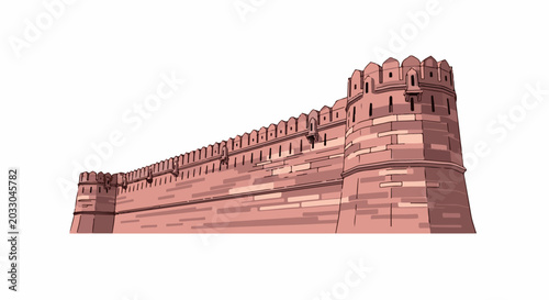 Red sandstone fort wall with crenellations and turrets, on white
