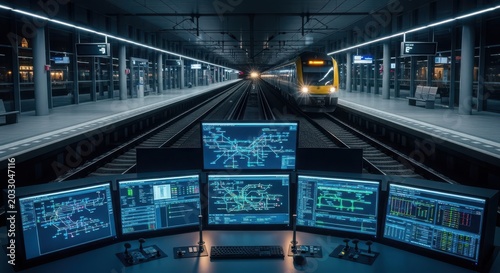 Modern railway control center monitoring train traffic at station