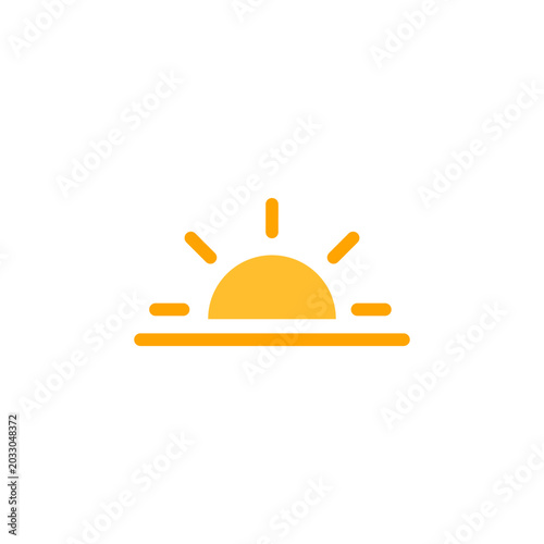 Sunrise or sunset flat icon. Vector illustration of a bright yellow half-sun rising or setting over the horizon line with radiating sunbeams. Concept of early morning, dawn, dusk.