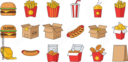 Εκτύπωση καμβά Fast Food and Takeaway Icon Set Featuring Burgers French Fries Fried Chicken Hot
