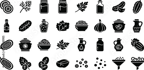 Food Silhouette Icon Set Featuring Vegetables Jars Vinegar and Spices for Home Preserving Fermentation Healthy Eating
