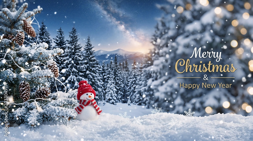 A cheerful little snowman wearing a red knitted hat and scarf stands in the snow during a magical winter evening