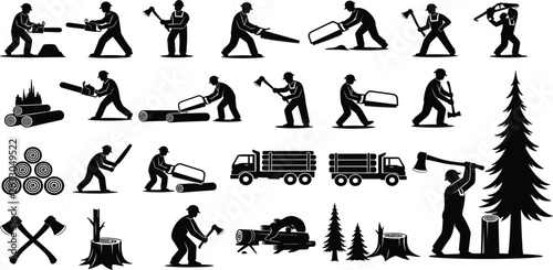 Lumberjack Silhouette Icon Set Featuring Woodcutters Using Axes Saws and Chainsaws for Forestry Logging Timber Industry and Outdoor Woodwork Graphic Designs