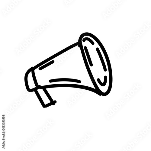 Foto A simple black and white hand-drawn outline illustration of a megaphone, a device used for amplifying sound