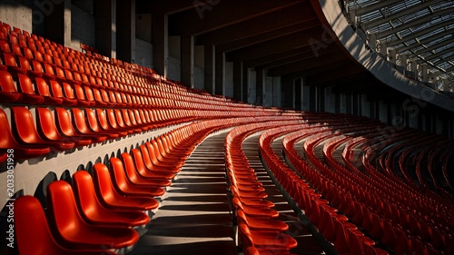 Rows of vibrant red stadium seats sweep gracefully beneath sleek