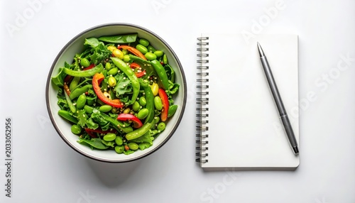 Fresh Green Salad with Vegetables and Notepad on White Background for Healthy Lifestyle