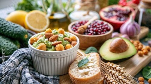 A vibrant display of fresh vegetables, fruits, and dips showcases a healthy lifestyle, emphasizing natural foods and culinary creativity in an artistic arrangement.