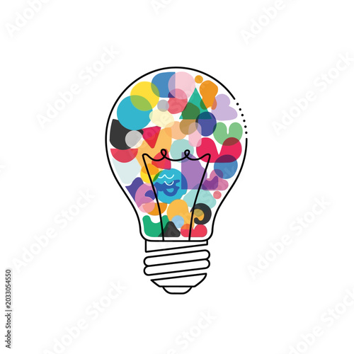 Creative light bulb with colorful abstract shapes on white background