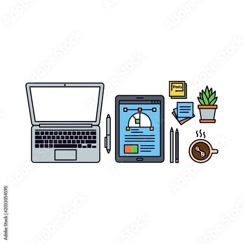 Creative workspace flat lay with laptop tablet and design tools