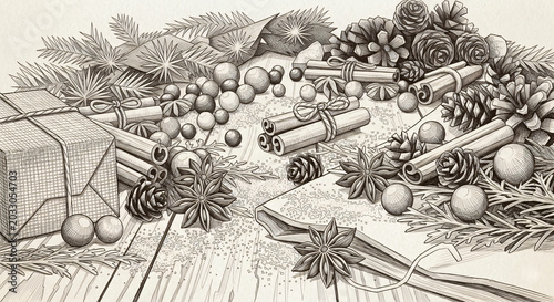 Vintage Christmas Pencil Sketch Illustration with Cinnamon Sticks, Pinecones, Star Anise, and Wrapped Gift on Wooden Surface