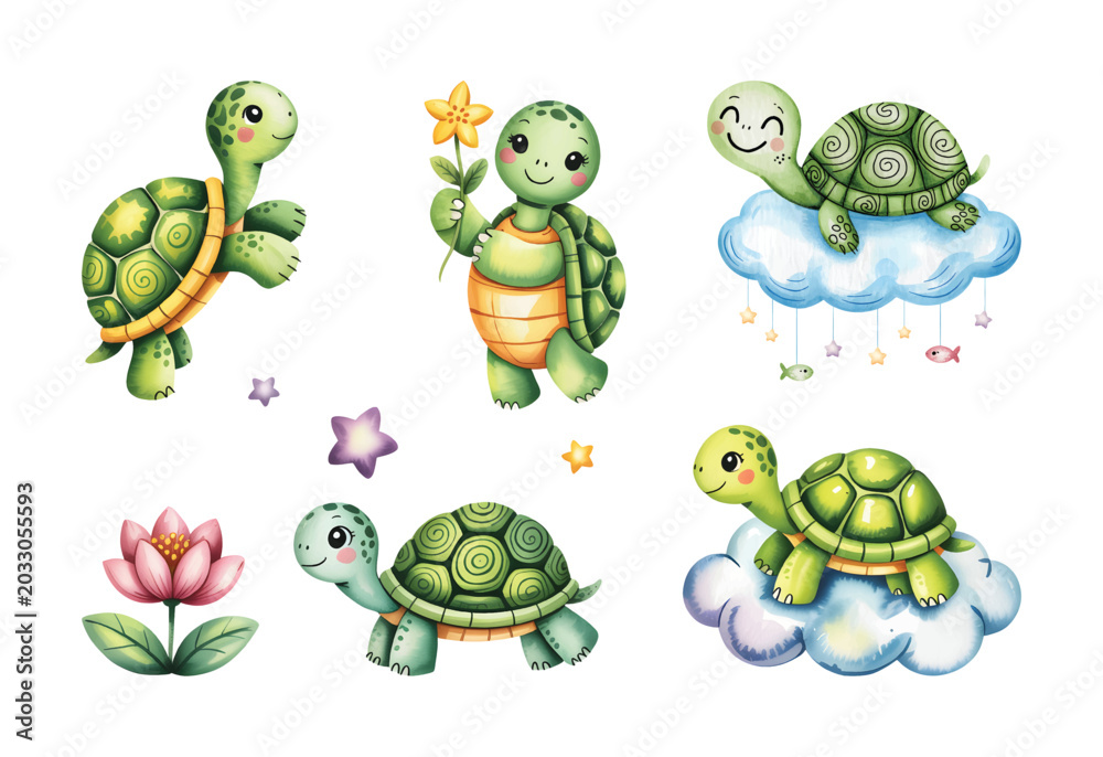 Obraz premium Cute turtle nursery collection in watercolor, adorable baby tortoise characters with clouds.