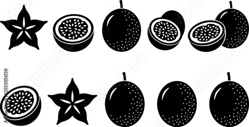 Tableau sur toile Passion Fruit and Starfruit Silhouette Icon Set Featuring Whole and Cut Halves w