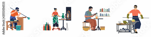 Foto Flat vector illustrations of professional glassblowers working in a studio, blowing, heating, and shaping glass art and vessels using traditional tools