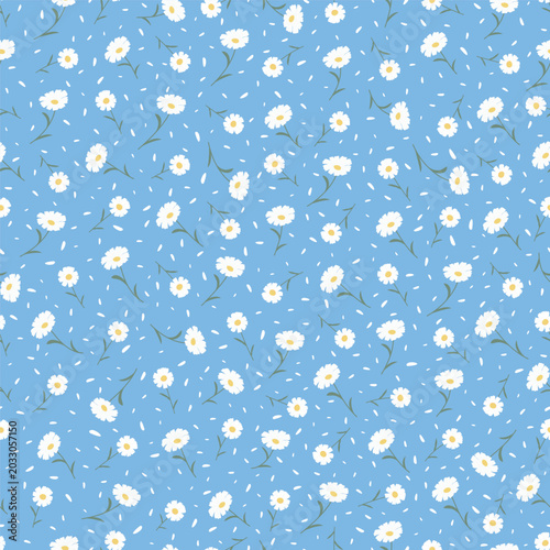 ditsy daisy seamless tossed pattern small white floral on blue background vector illustration flat design botanical textile wallpaper wrapping paper tile