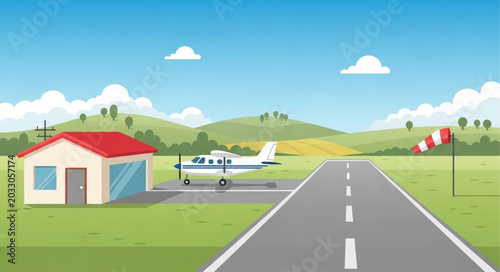 Small Airplane on a Runway at a Rural Airport.