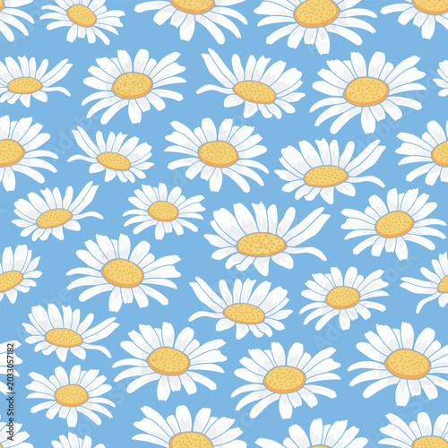 daisy seamless pattern white disty floral tossed repeat on blue background vector illustration flat design botanical textile wrapping paper tile wallpaper